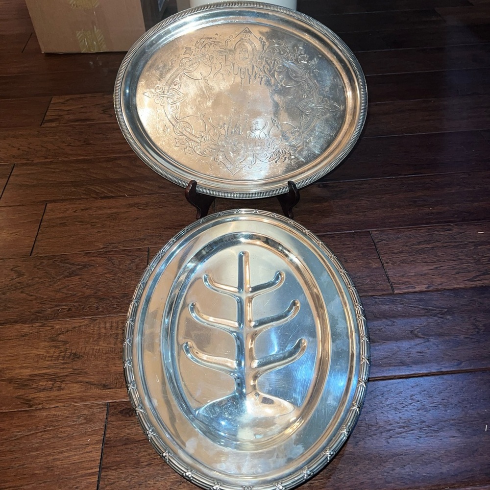 2 silver plate trays one 19th century one vintage